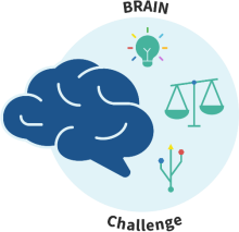 An icon for the BRAIN Initiative Challenge, showing a brain icon, a light bulb, scales, and a brain circuit.